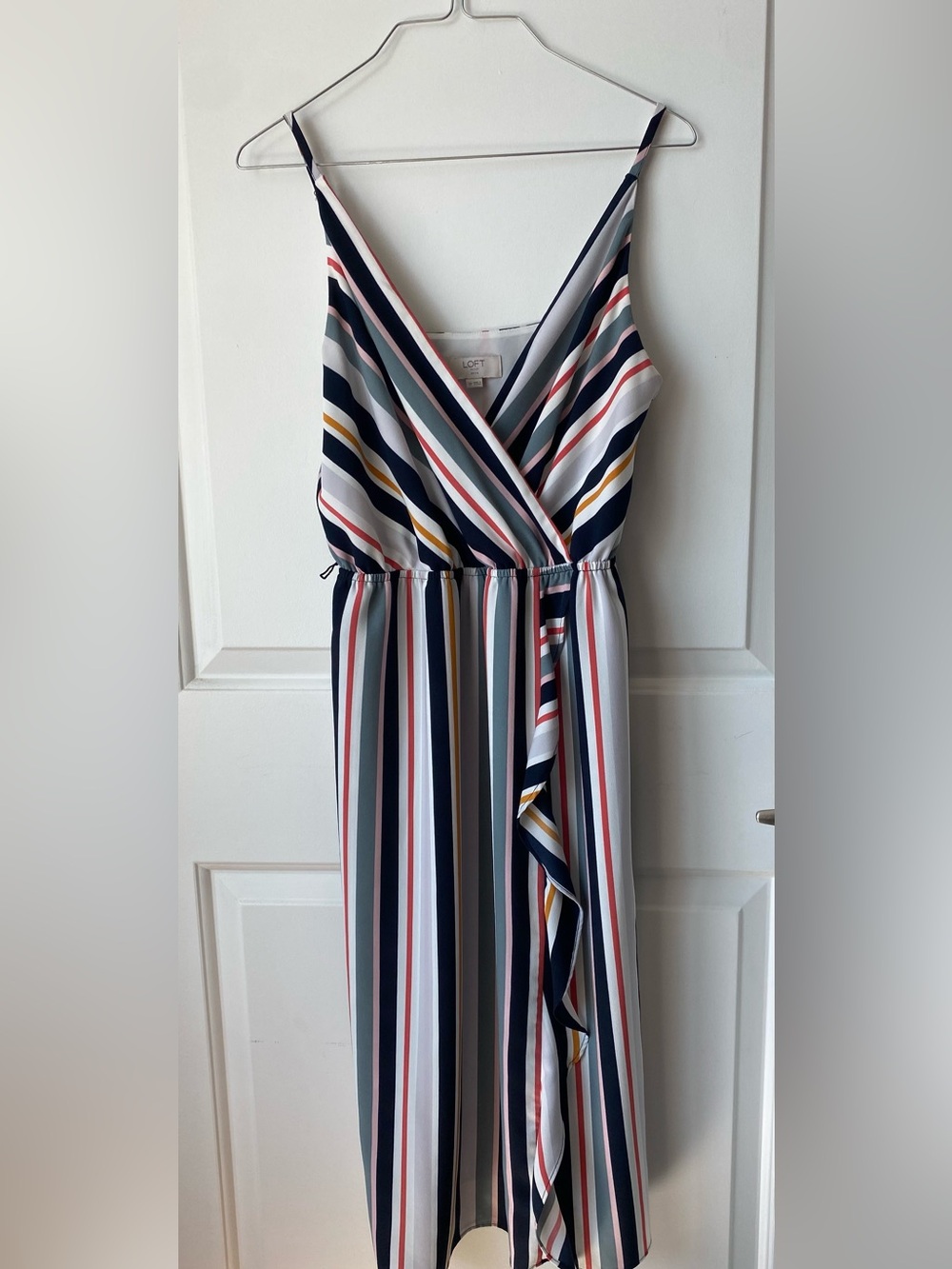 LOFT Navy Multi-Stripe Sleeveless Wrap Midi Dress